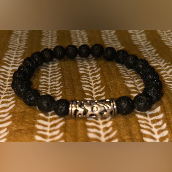 Black Lava Stone Bracelet, Unisex, Stretchy, about 7.25" - Picture 3 of 4